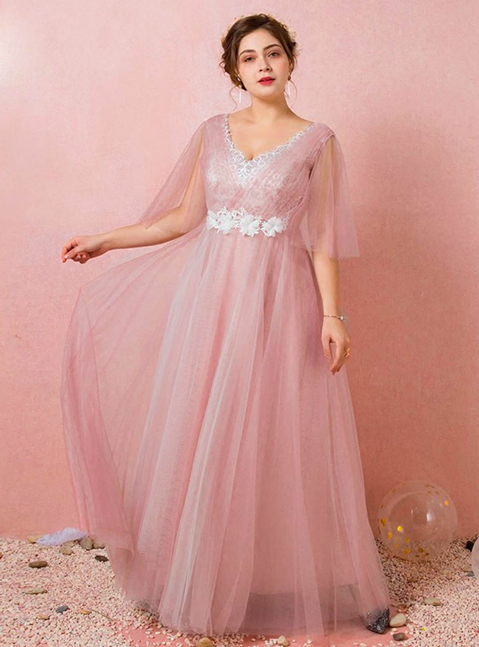 Pink Tulle V-neck Backless Prom Dress